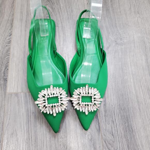 Zara Shoes Women Size 39 Kelly Green Slingback Flats Crystal Buckle Pointed Toe - Picture 1 of 9
